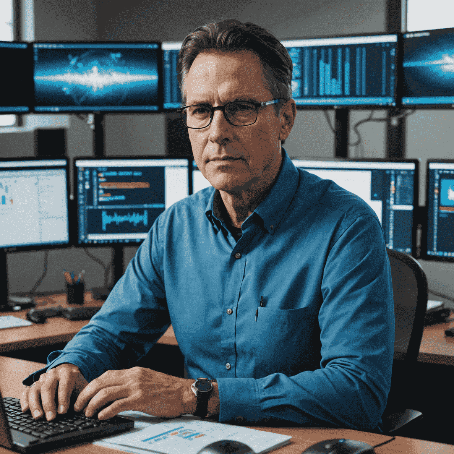 Portrait of John Doe, a middle-aged man with short dark hair and glasses, wearing a professional blue shirt, sitting at a desk with multiple computer monitors displaying various remote desktop interfaces