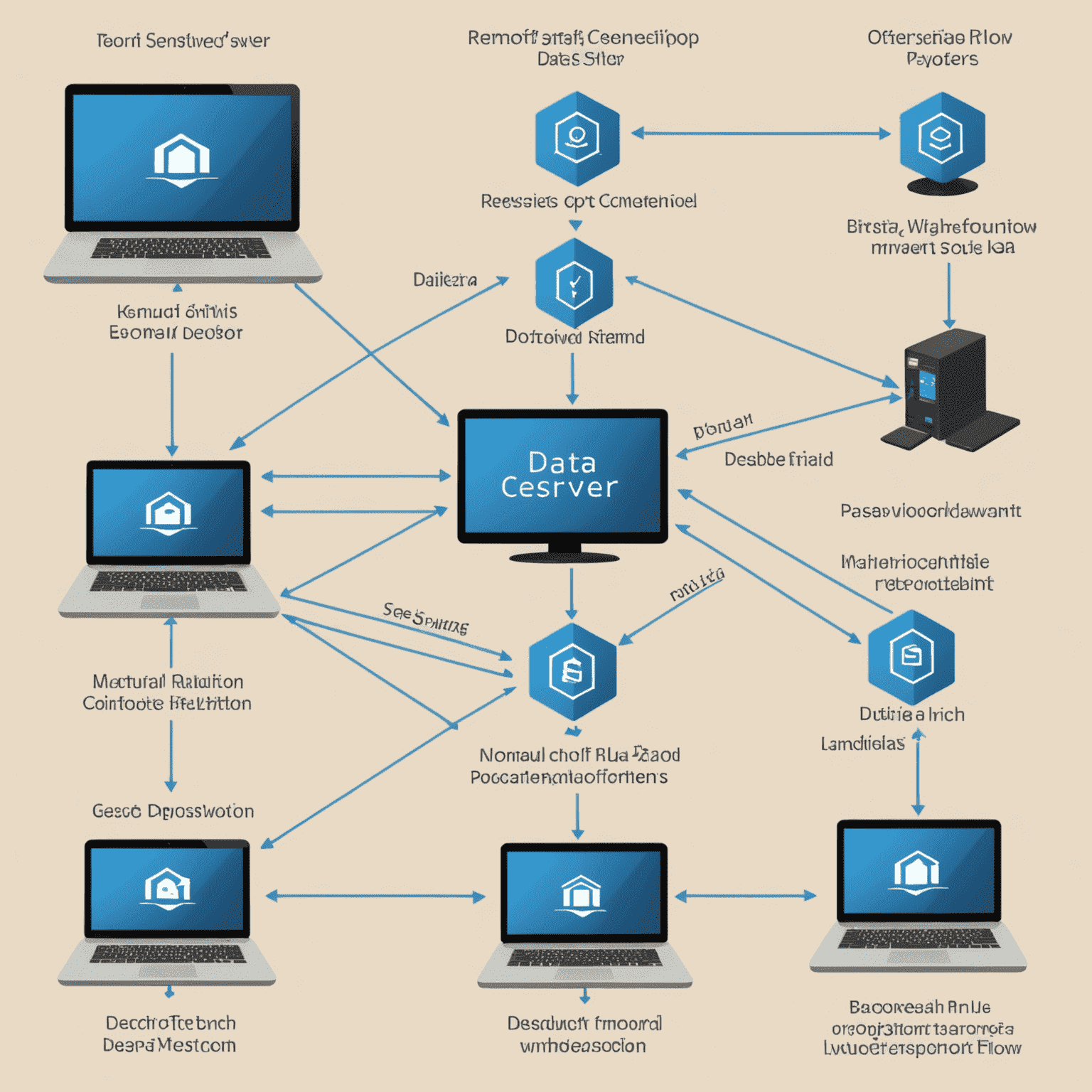 Diagram showing Remote Desktop Protocol connection between client and server, with security layers and data flow visualized