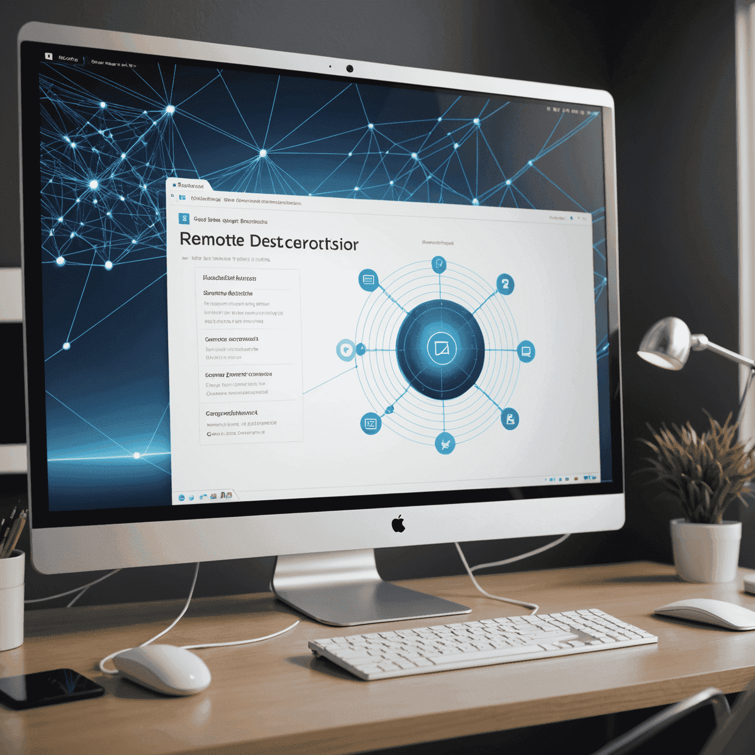 Illustration of a computer screen showing a remote desktop connection, with network lines connecting to another computer in the background