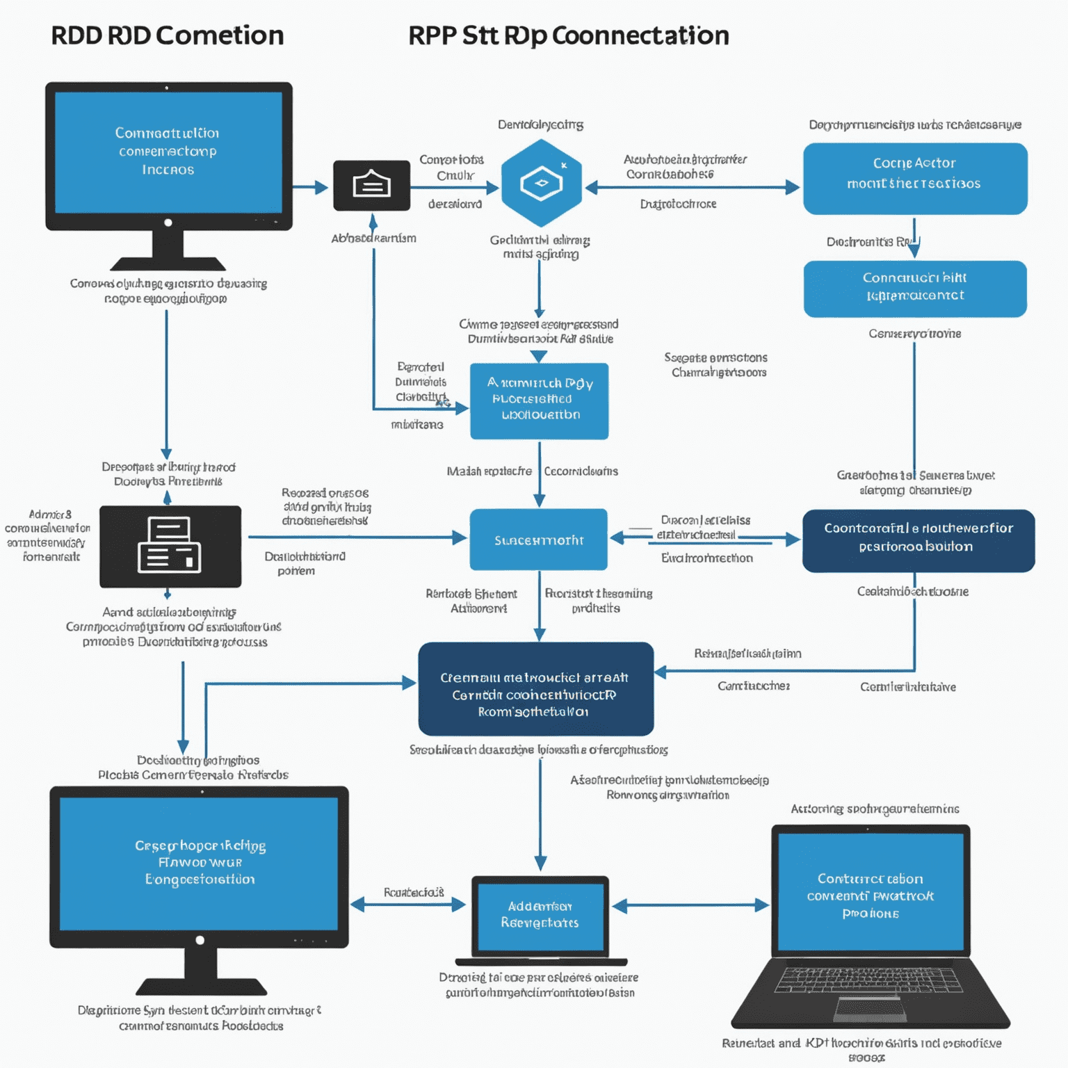 A split-screen image showing a successful RDP connection on the left and a troubleshooting flowchart for common RDP issues on the right. The successful connection displays a remote desktop environment, while the flowchart outlines steps for diagnosing connection, authentication, and performance problems.