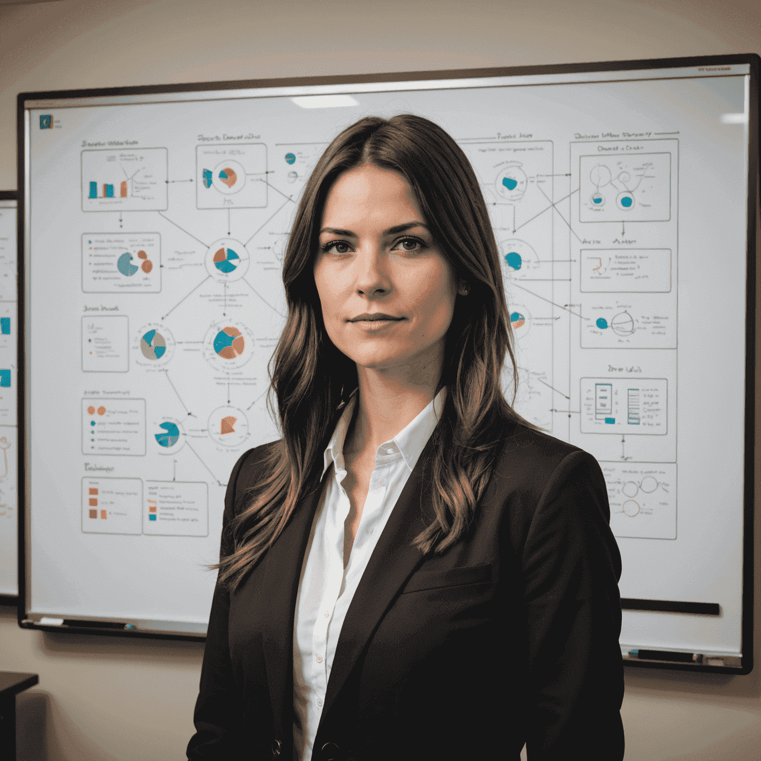 Portrait of Jane Smith, a young woman with long brown hair, wearing a black blazer, standing in front of a whiteboard with network diagrams and remote desktop architecture sketches