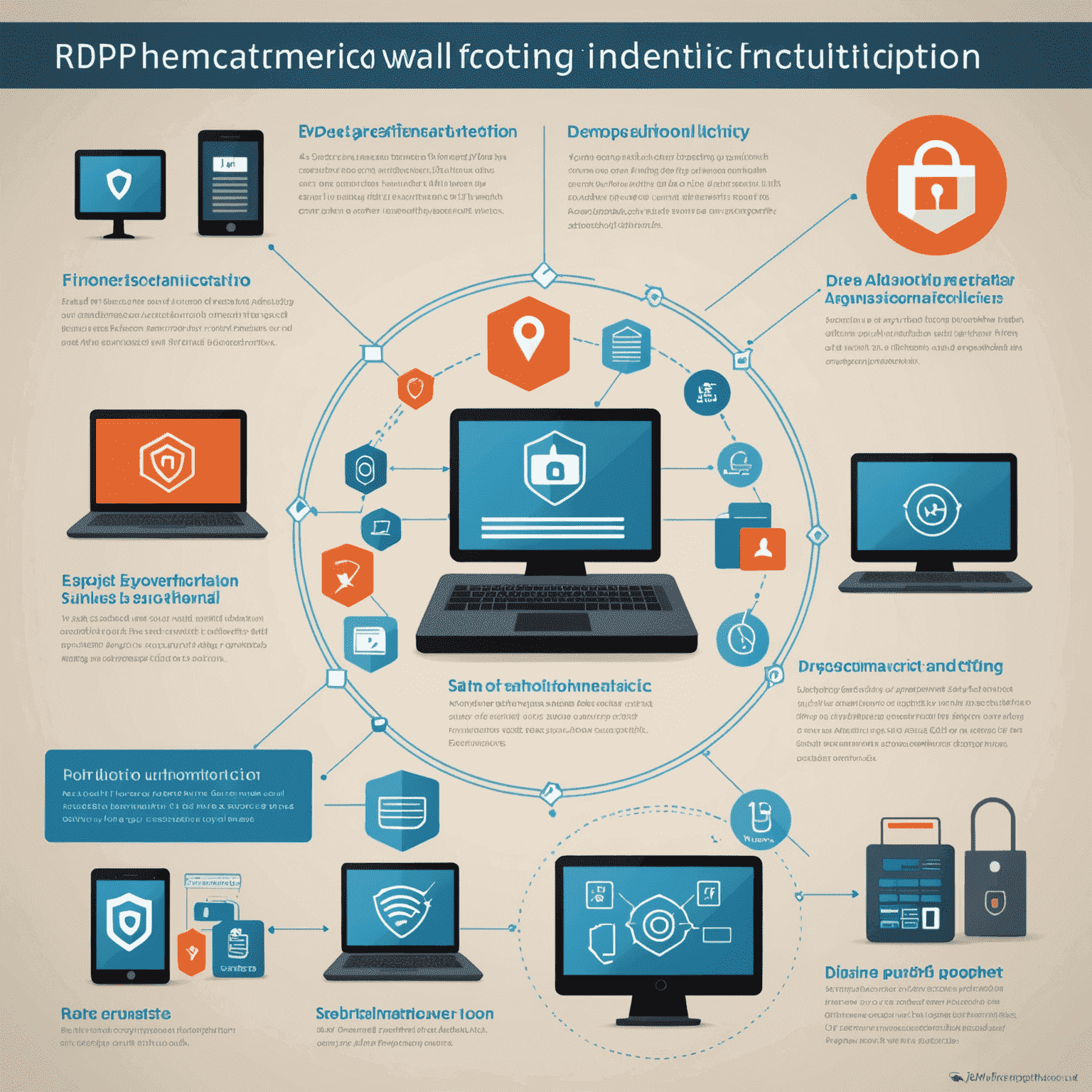 Infographic depicting various security measures for RDP, including firewalls, encryption, and multi-factor authentication